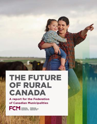 a report cover showing a woman holding a baby and pointing towards the horizon. They are on a farm field on a overcast day.